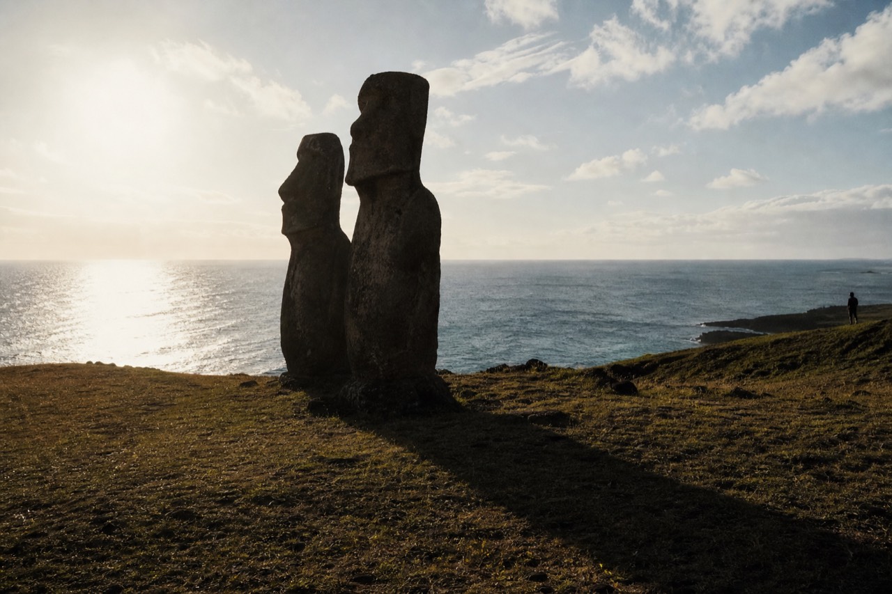 Wide Pacific horizon seen from a grassy volcanic headland with open ocean stretching to the skyline