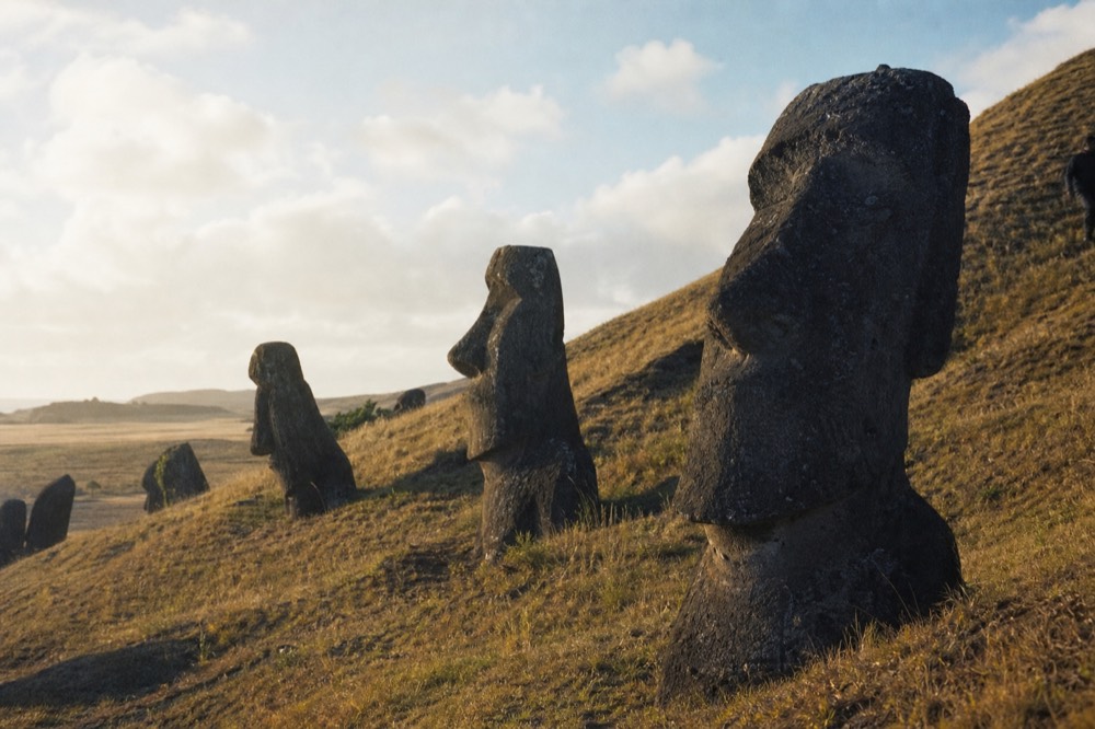 Row of half-buried moai heads standing at odd angles on the grassy outer slope of the Rano Raraku quarry