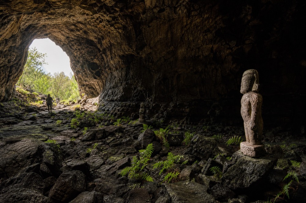 Shaft of daylight falling into a lava tube interior with ferns growing on the rough basalt floor